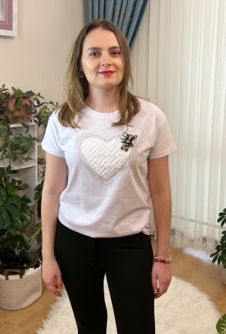 Kalp Taşlı Ayıcık Beyaz T-Shirt