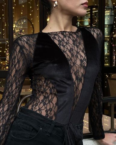 Kadife Detaylı Dantel Bodysuit - Siyah