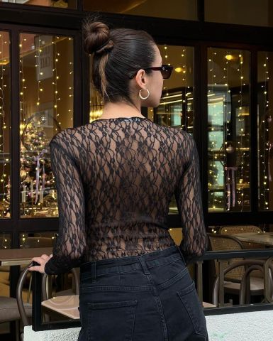 Kadife Detaylı Dantel Bodysuit - Siyah