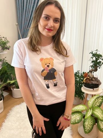 Selfi Ayıcık Taşlı T-Shirt - Beyaz