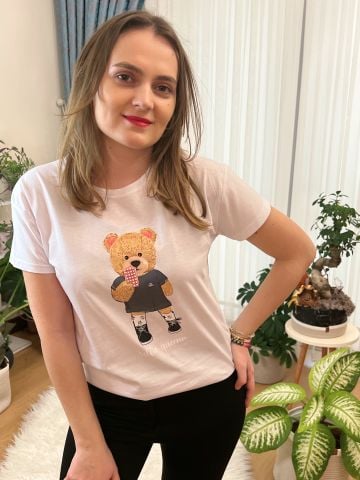 Selfi Ayıcık Taşlı T-Shirt - Beyaz