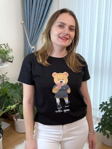 Selfi Ayıcık Taşlı T-Shirt - Siyah