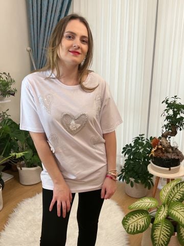 Kalpli Taşlı T-Shirt - Beyaz