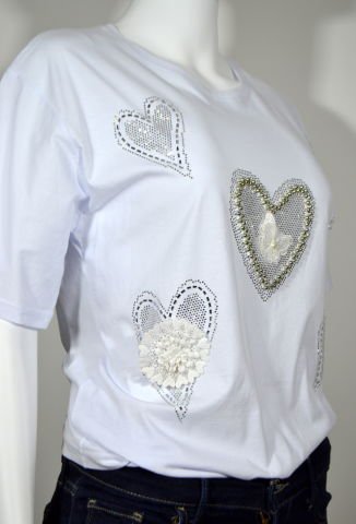 Kalpli Taşlı T-Shirt - Beyaz