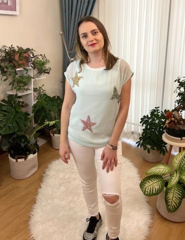 Yıldız Taşlı Tüllü T-Shirt - Mint Yeşil