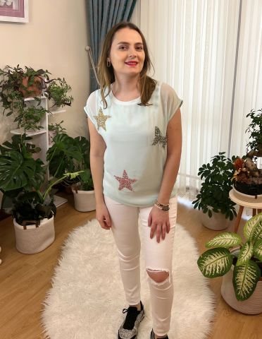 Yıldız Taşlı Tüllü T-Shirt - Mint Yeşil