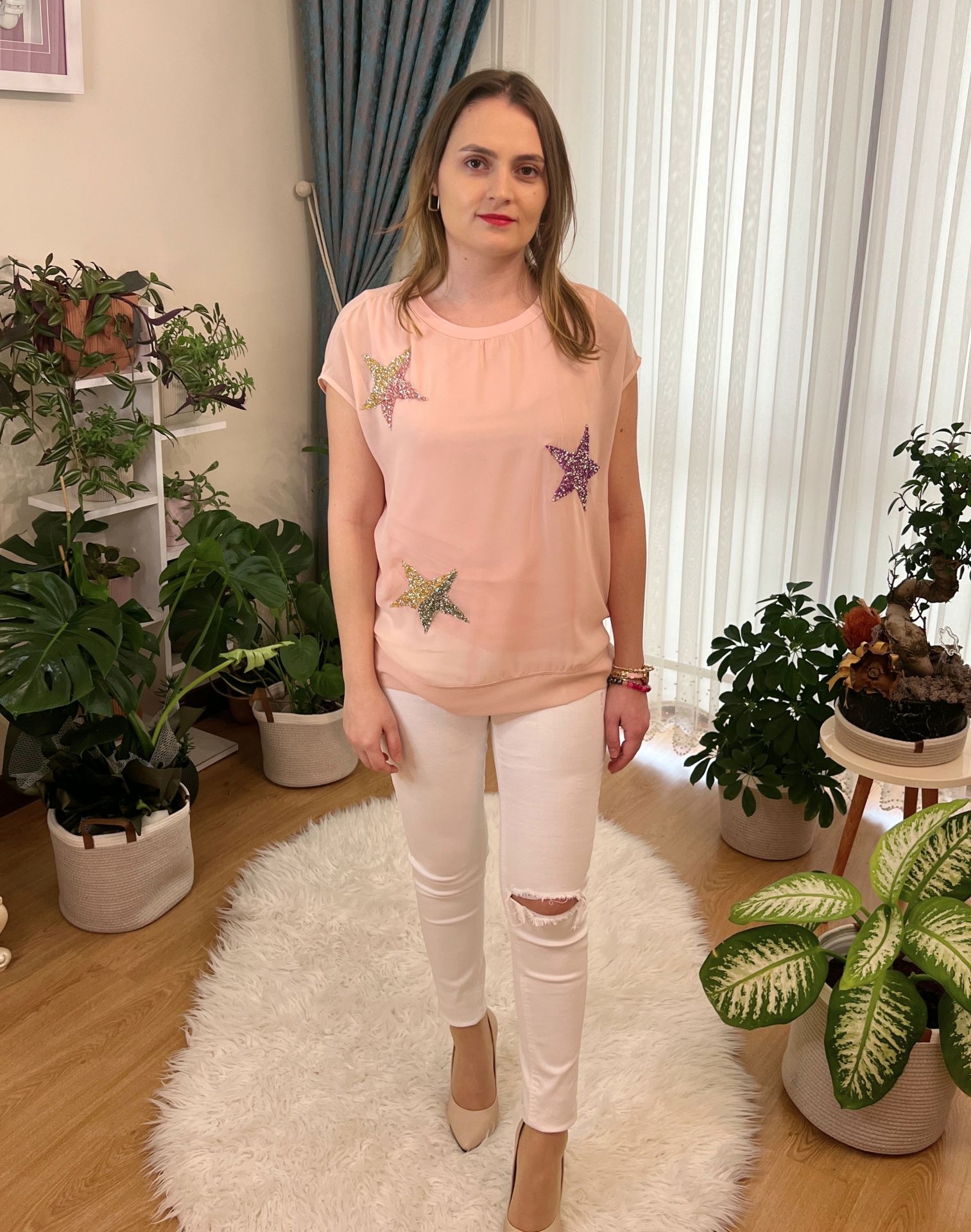 Yıldız Taşlı Tüllü T-Shirt - Pembe