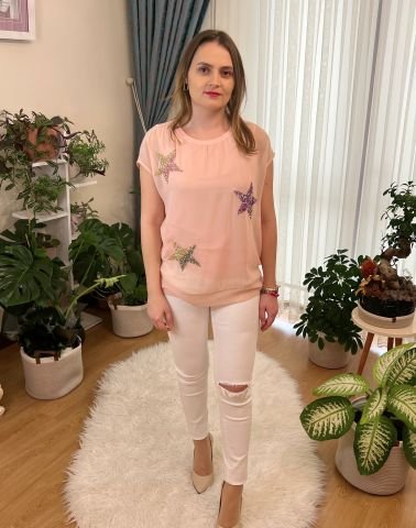 Yıldız Taşlı Tüllü T-Shirt - Pembe