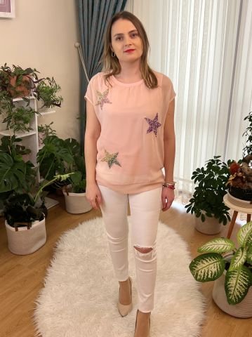 Yıldız Taşlı Tüllü T-Shirt - Pembe