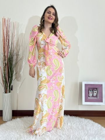 Uzun Kollu Arkası Açık Elbise - Pembe
