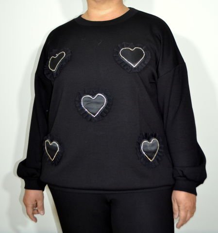 Taşlı Tüllü Kalpli Sweatshirt - Siyah