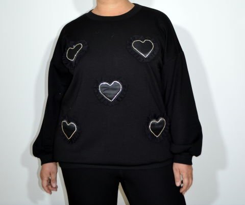 Taşlı Tüllü Kalpli Sweatshirt - Siyah