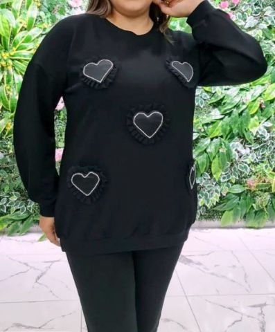 Taşlı Tüllü Kalpli Sweatshirt - Siyah