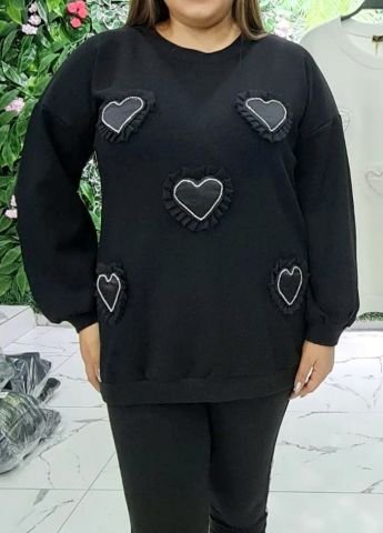 Taşlı Tüllü Kalpli Sweatshirt - Siyah