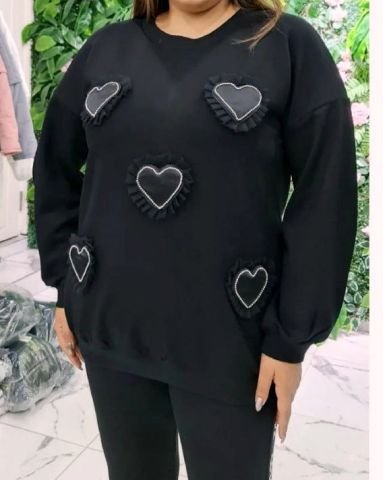 Taşlı Tüllü Kalpli Sweatshirt - Siyah