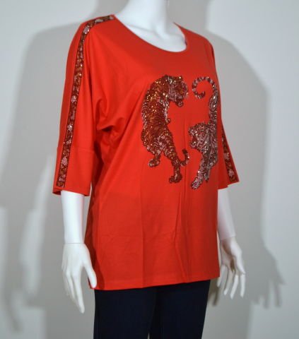 Taşlı Leopar T-Shirt - Kırmızı