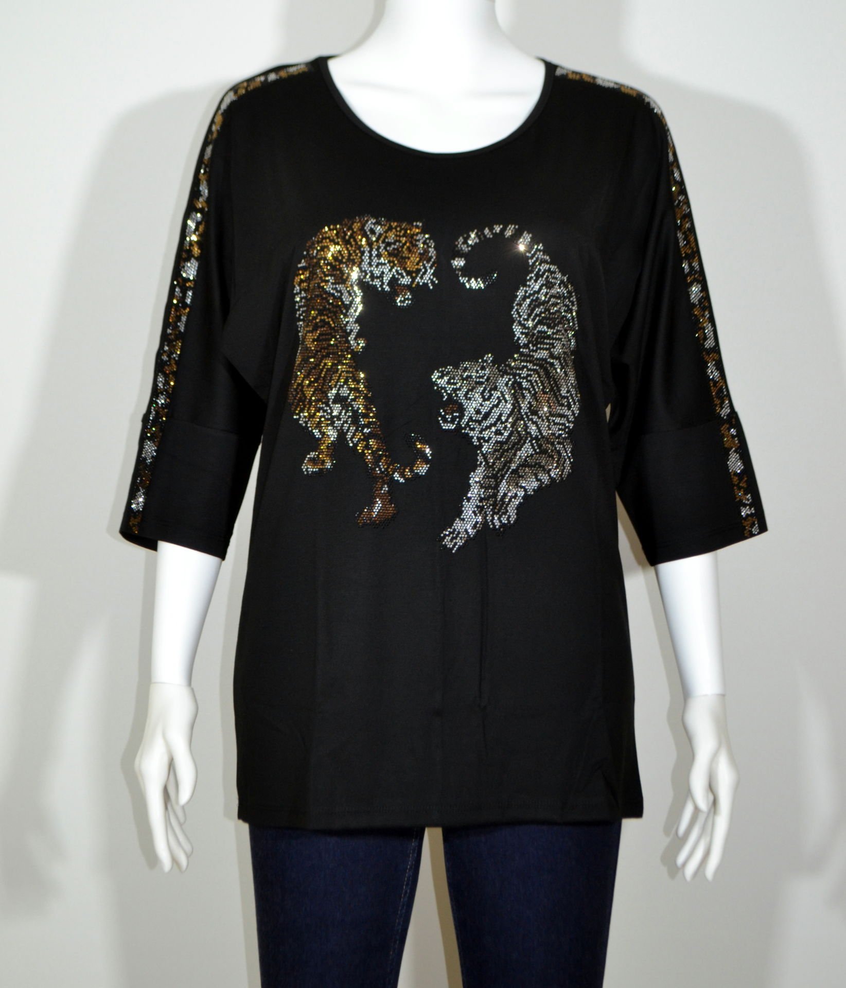 Taşlı Leopar T-Shirt - Siyah