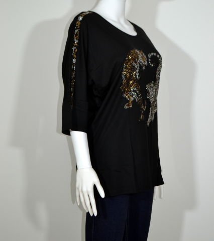 Taşlı Leopar T-Shirt - Siyah