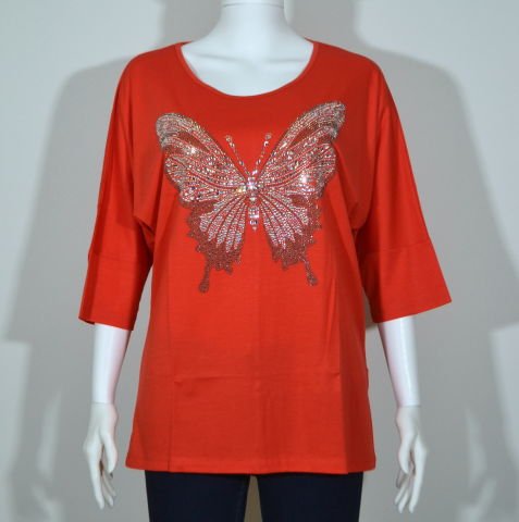 Taşlı Kelebekli T-Shirt - Kırmızı