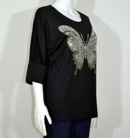 Taşlı Kelebekli T-Shirt - Siyah