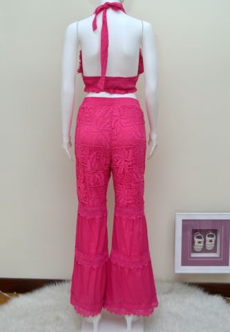 Dantel Keten Pantolonlu Takım - Pembe