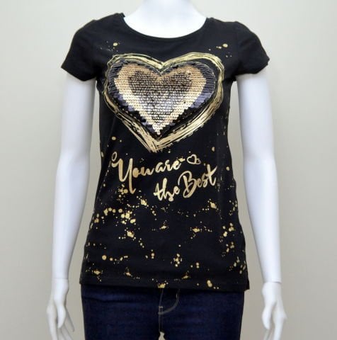 Kalpli Payetli T-Shirt - Siyah