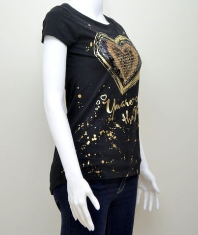 Kalpli Payetli T-Shirt - Siyah