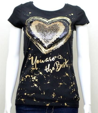Kalpli Payetli T-Shirt - Siyah